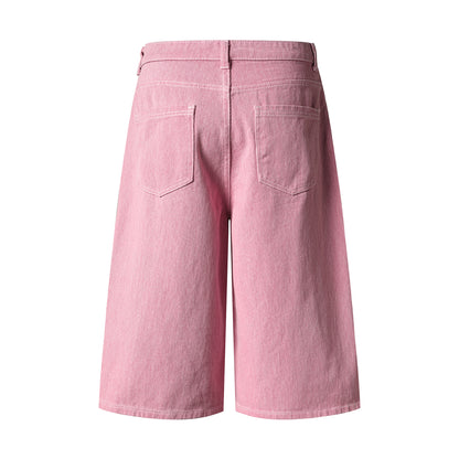 Colorful Button Embellished Wide Leg Denim Shorts Arc Seam Detail High Waist Casual Streetwear Baggy Jean Shorts | Button Row
