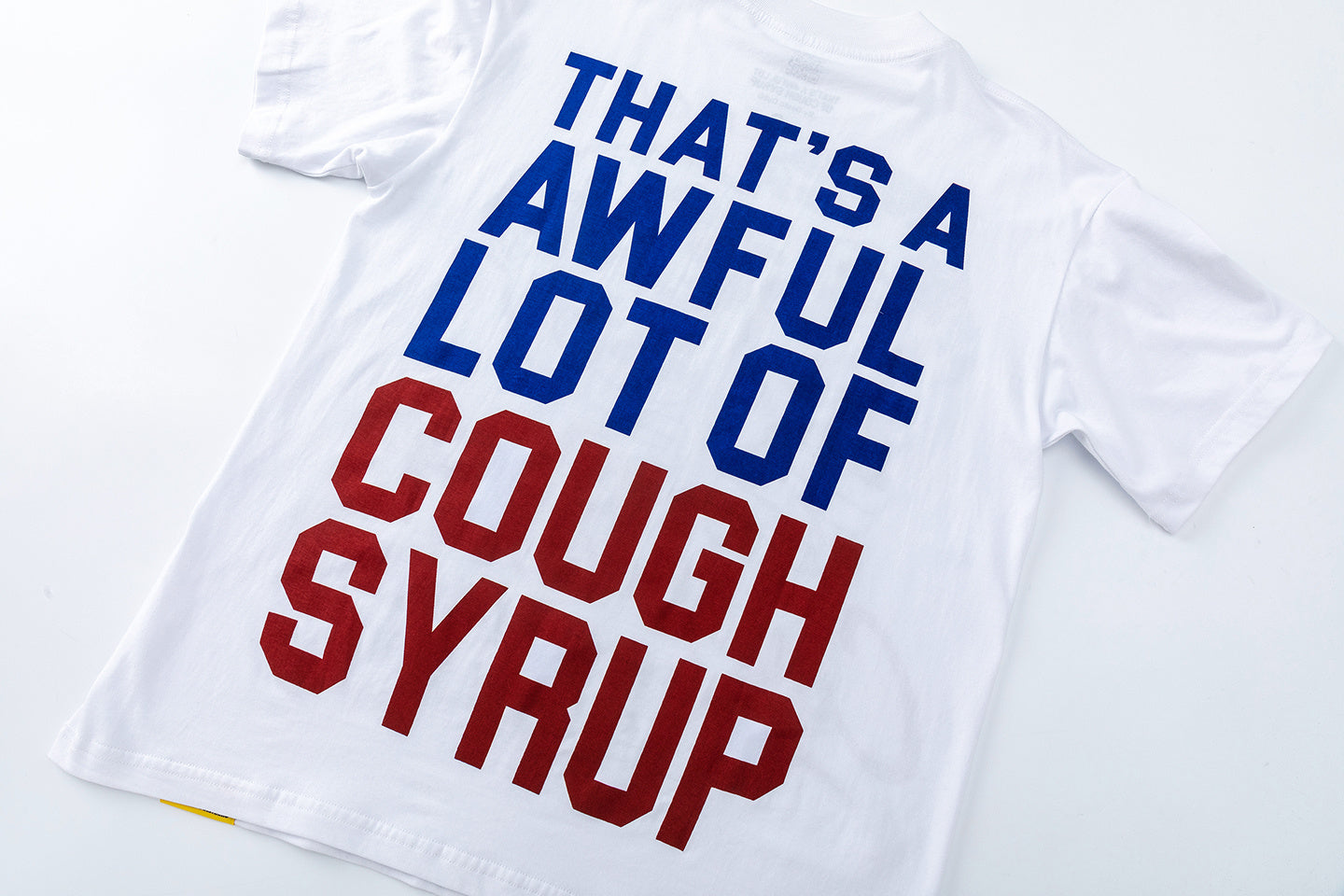 White crew neck graphic T-shirt with colorful Cough Syrup lettering and vintage-style illustrated coffee graphic - view 9