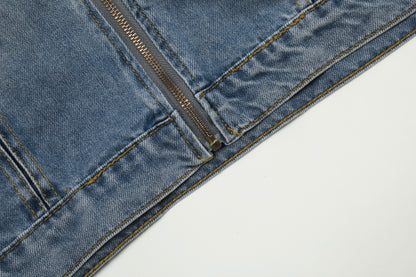 Washed Denim Hooded Jacket Oversized Zip Up Snap Button Streetwear Y2K Vintage Casual Jean Jacket | Denim Hood