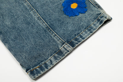 Women's Multicolor Daisy Floral Embroidery Balloon Wide Leg Denim Jeans High Waist Y2K Streetwear Baggy Jean Pants