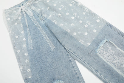 Women's Lace Belt Floral Print Patchwork Lace Ripped Wide Leg Jeans High Waist Y2K Vintage Wash Denim Trousers