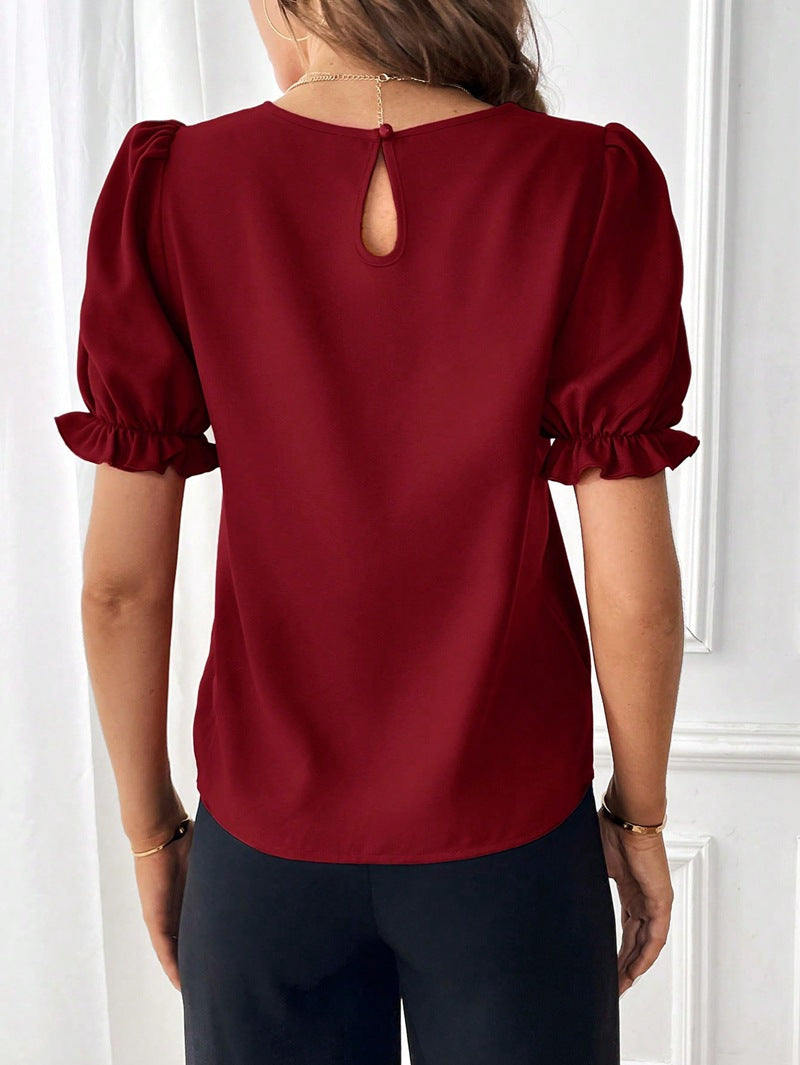 2024 summer new style fashionable temperament pure color round collar shirt top