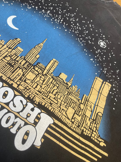 Satoshi Nakamoto NYC Skyline Moonrise Short Sleeve Tee Washed Navy 300g Heavy Stone Wash Cracked Print Streetwear | NYC Moonrise Tee