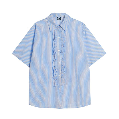 Ruffle Front Stripe Short Sleeve Shirt Oversized Button Down Feminine Casual Summer Top | Ruffle Stripe