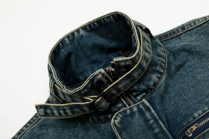 Stand Collar Zip Denim Jacket Washed Vintage Streetwear Oversized Y2K Casual Moto Coat | Indigo Moto