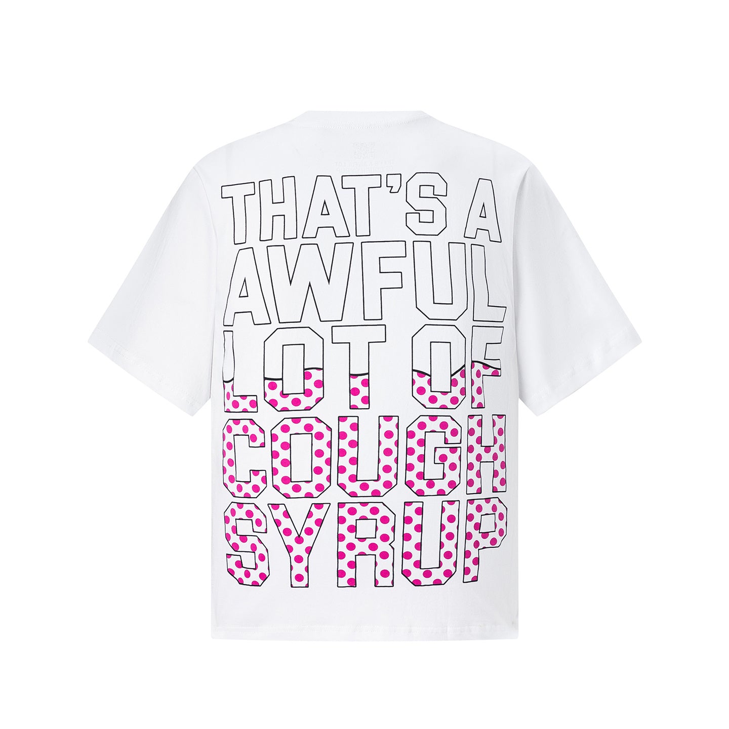 White crew neck graphic T-shirt with baby bottle artwork and pink polka dot text - view 9