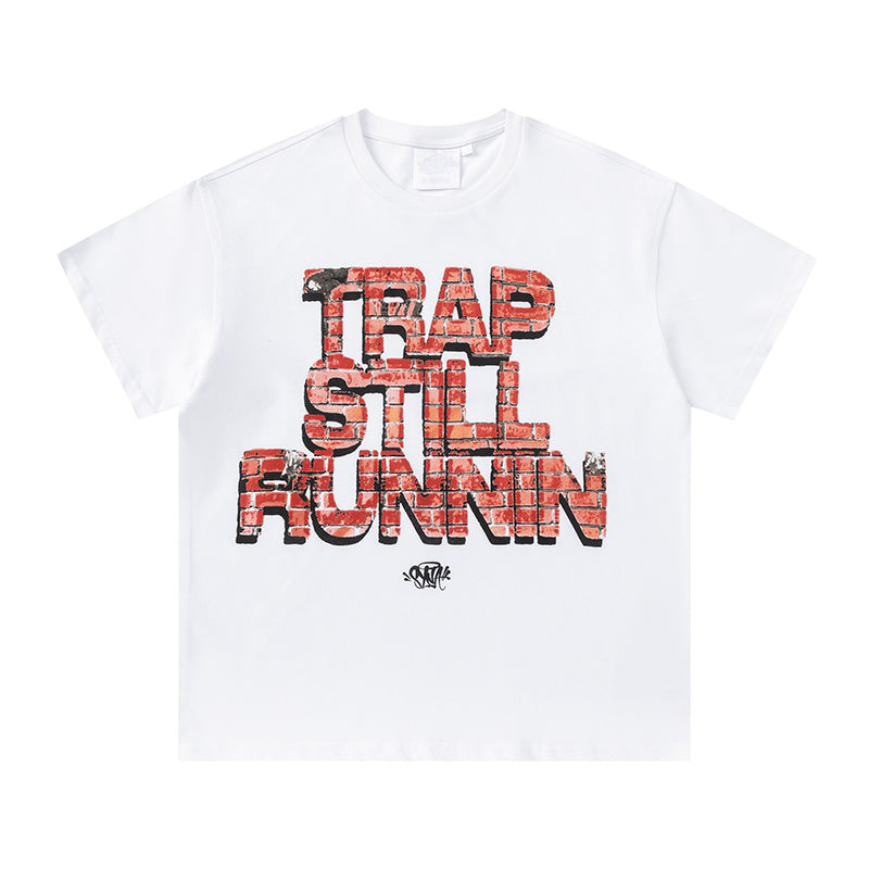 White crew neck short sleeve T-shirt with red and black brick-style Trap Still Runnin graphic - view 9