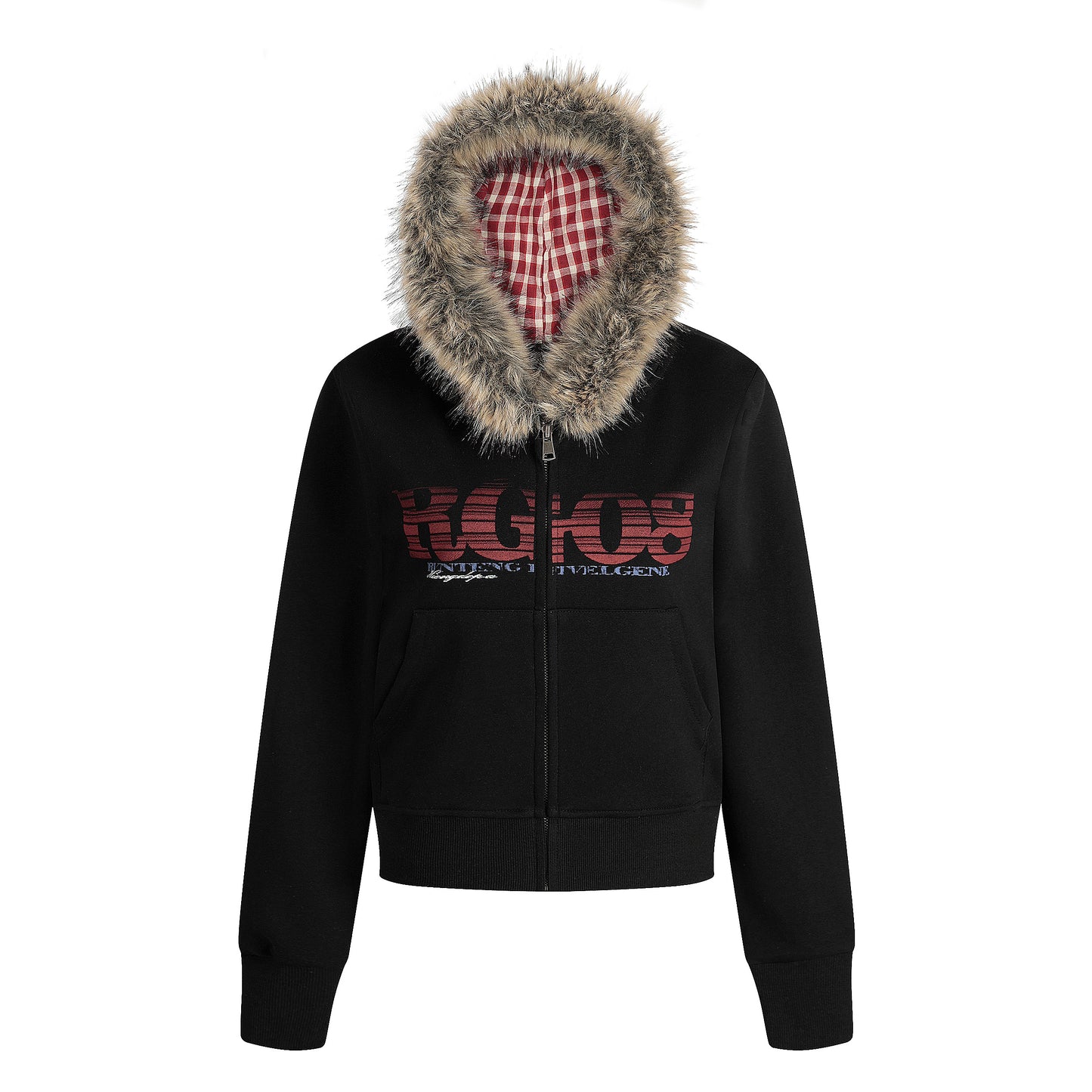 Women's RGIOS Plaid Lined Faux Fur Hood Zip Cropped Hoodie - Grey Back View