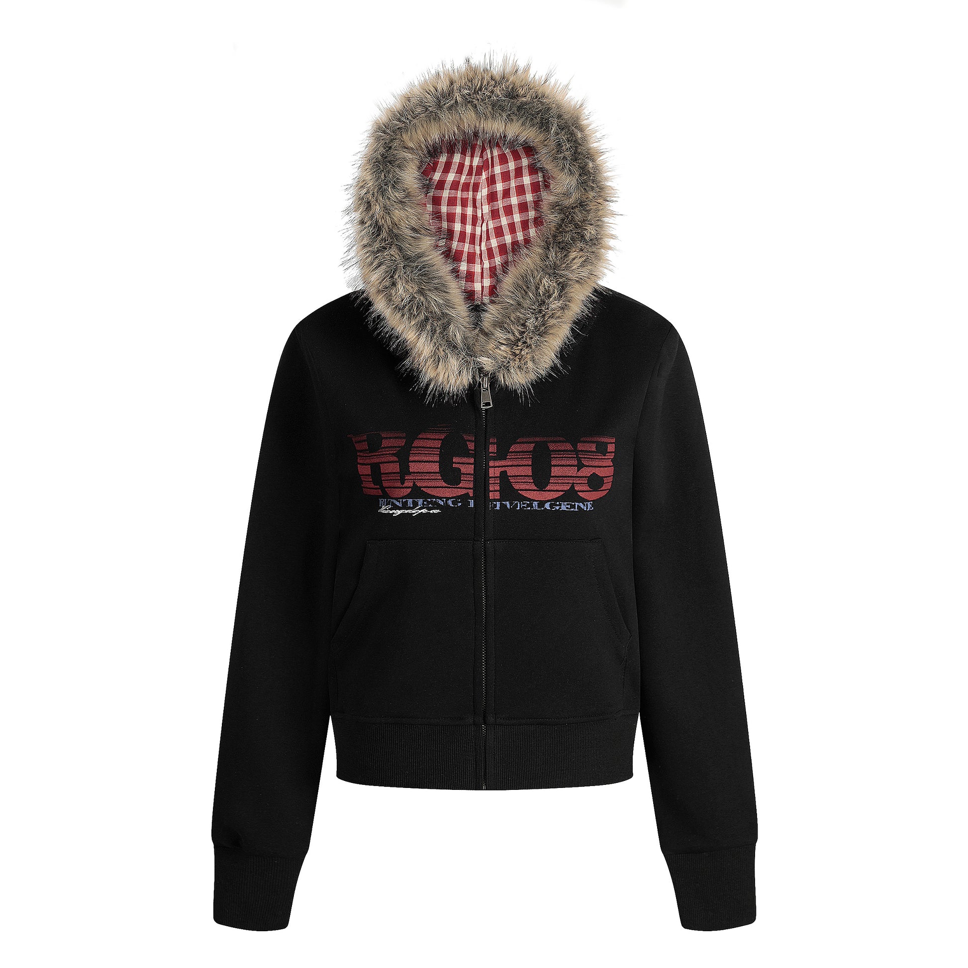 Women's RGIOS Plaid Lined Faux Fur Hood Zip Cropped Hoodie - Grey Back View