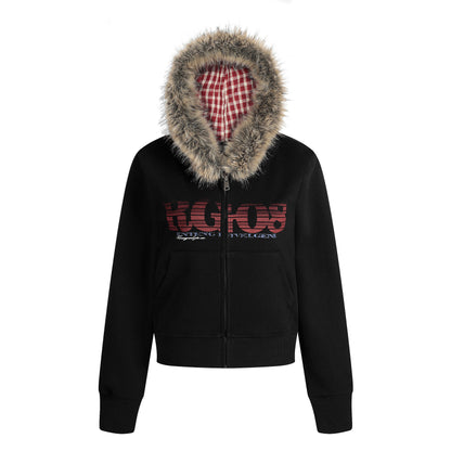 Women's RGIOS Plaid Lined Faux Fur Trim Hood Full Zip Cropped Hoodie Sweatshirt Long Sleeve Y2K Streetwear Jacket