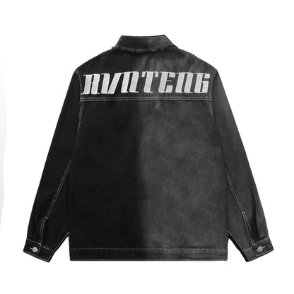 Oversized Two-Tone Denim Jacket Chain Detail Washed Vintage Streetwear Casual Fall Outerwear