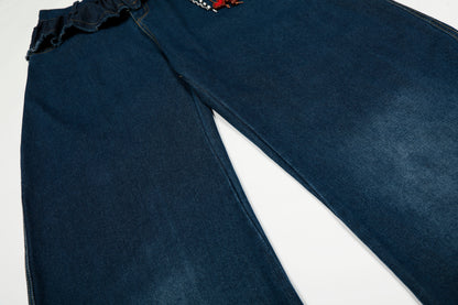 Women's Ruffle Fold-Over Waist Heart Charm Chain Balloon Wide Leg Denim Jeans High Waist Y2K Streetwear Baggy Jean Pants