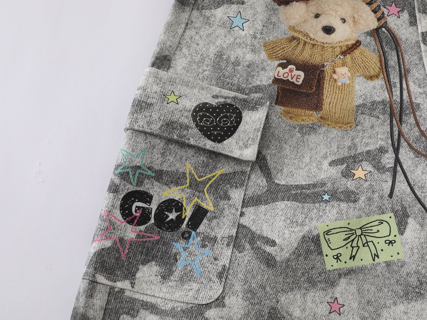 Snow Camo Cargo Shorts Teddy Bear Pendant Cartoon Patch Multi Pocket High Waist Casual Streetwear Baggy Shorts | Camo Bear