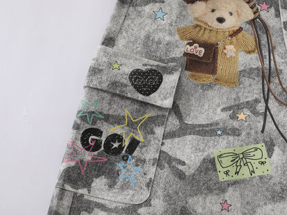 Snow Camo Cargo Shorts Teddy Bear Pendant Cartoon Patch Multi Pocket High Waist Casual Streetwear Baggy Shorts | Camo Bear