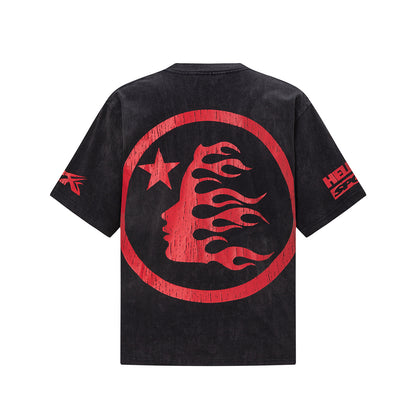 Washed Graphic Print Short Sleeve T-Shirt Flame Face Circle Logo Street Casual Unisex Tee | Red Flame