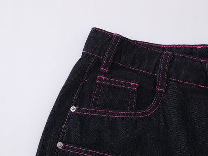 Heart Pocket Guitar Embroidery Wide Leg Denim Shorts Pink Stitch Button Fly Rhinestone Streetwear Baggy Jean Shorts | Rock Heart