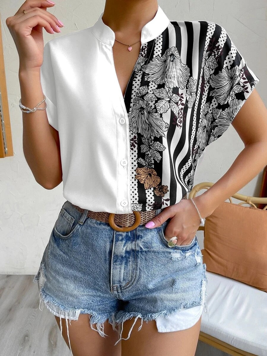 Women's summer new style double-color contrasting flower button cardigan short-sleeved shirt for women