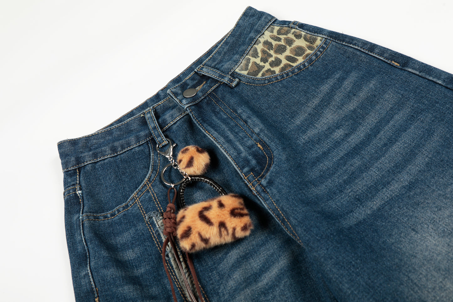 Leopard Patchwork Raw Edge Wide Leg Barrel Jeans Charm Pendant High Waist Washed Y2K Streetwear