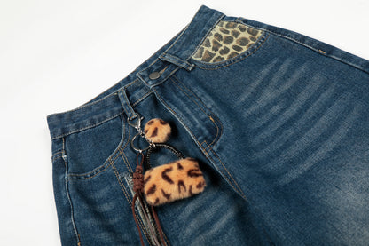Leopard Patchwork Raw Edge Wide Leg Barrel Jeans Charm Pendant High Waist Washed Y2K Streetwear