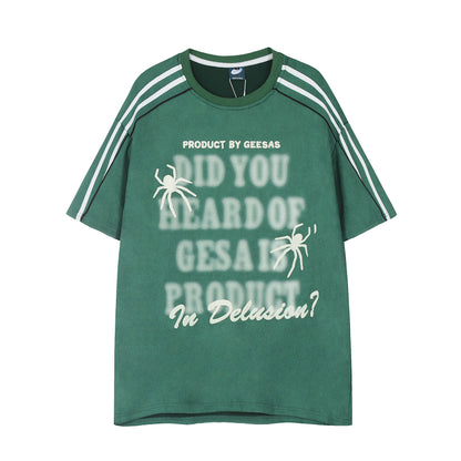 Geesas Spider Graphic Stripe Sleeve Oversized Tee Did You Heard Of Geesas Product In Delusion Y2K Streetwear T-Shirt | Delusion Tee