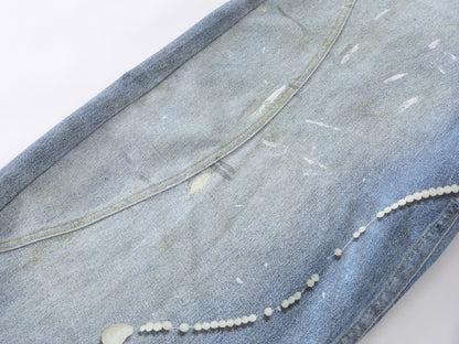 Paint Splatter Balloon Wide Leg Jeans Striped Tie Pearl Chain Charm High Waist Baggy Distressed Denim Pants Streetwear Trousers | Tie Pearl