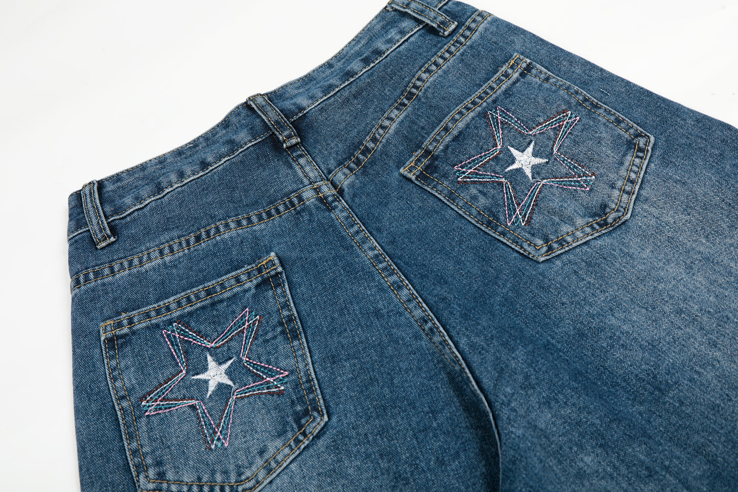 Star Embroidery Wide Leg Barrel Jeans High Waist Washed Y2K Streetwear Denim Pants