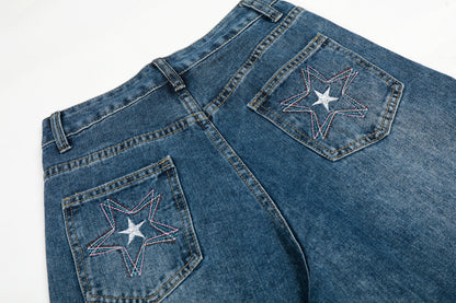 Star Embroidery Wide Leg Barrel Jeans High Waist Washed Y2K Streetwear Denim Pants