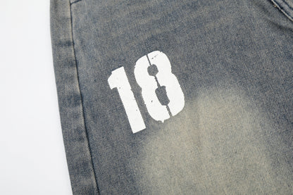 Number 18 Star Flag Print Wide Leg Denim Shorts High Waist Washed Vintage Streetwear Summer Casual Shorts