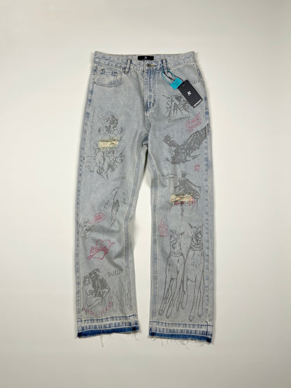 Represent Sketch Allover Print Wide Leg Jeans Heavy Washed Distressed Ripped Raw Hem Straight Denim | Rept Wide
