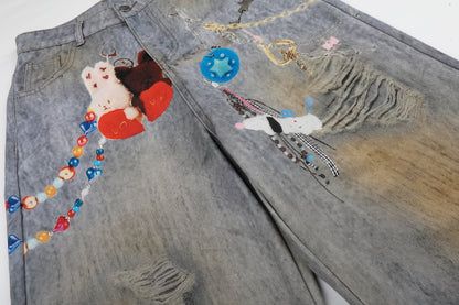 Women's Plush Doll Charm Chain Distressed Ripped Wide Leg Denim Jeans High Waist Beaded Y2K Streetwear Baggy Jeans