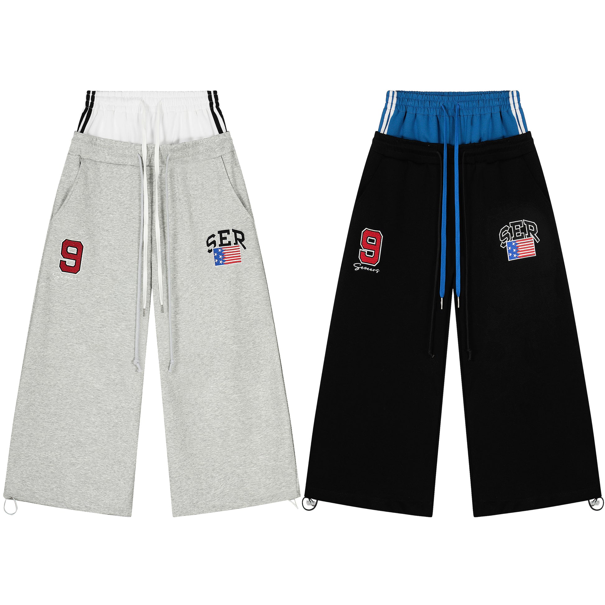 SER Number 9 Flag Embroidery Wide Leg Sweatpants - Gray and Black Front Side by Side Detail