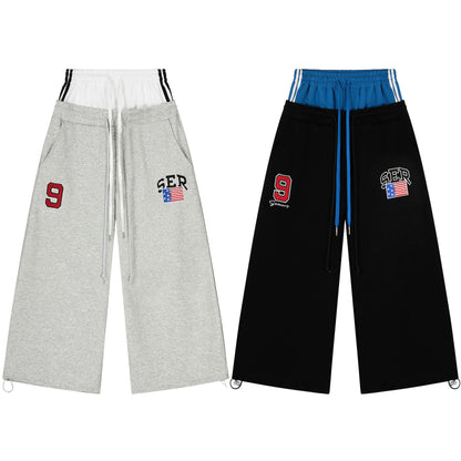 SER Number 9 Flag Embroidery Contrast Waistband Wide Leg Sweatpants Drawstring Metal Ring Hem Y2K