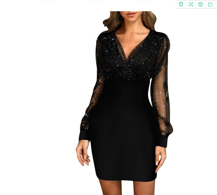 Mesh V-neck sequined dress slim sexy dress in stock