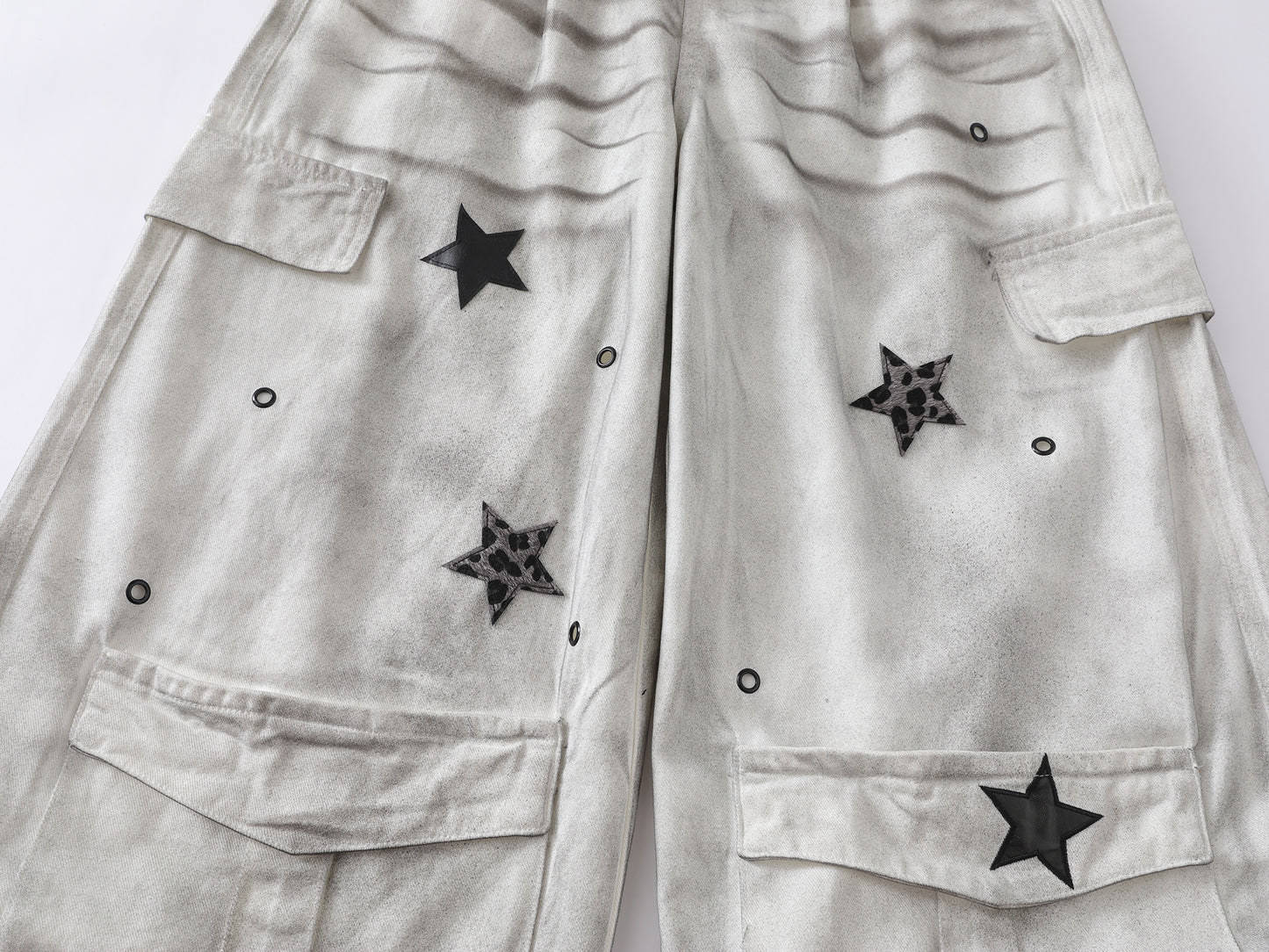 Star Patch Cargo Jeans Washed Distressed Wide Leg Denim Pants Multi Pocket Leopard Star Rivet Streetwear Baggy Trousers | Star Fog
