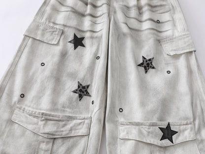 Star Patch Cargo Jeans Washed Distressed Wide Leg Denim Pants Multi Pocket Leopard Star Rivet Streetwear Baggy Trousers | Star Fog