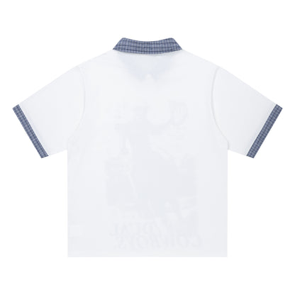 DuoMatch Dual Cowboys Rodeo Graphic Fake Two-Piece Tee Plaid Collar Cuff Patchwork Streetwear Short Sleeve T-Shirt