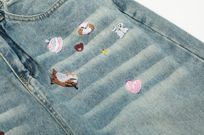 Cartoon Embroidery Scatter Patch Wide Leg Jeans Elastic Waist Washed Denim Bear Star Bow Y2K Harajuku
