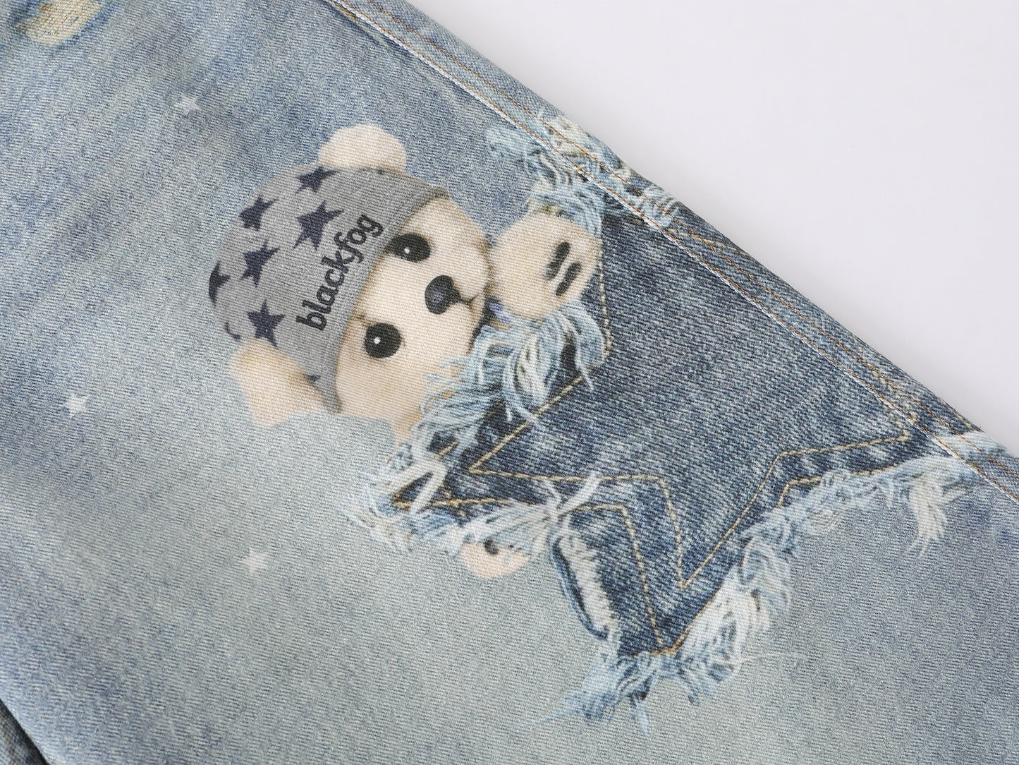 3D Plush Bear Peek Hole Denim Shorts Star Print Distressed High Waist Casual Streetwear Baggy Jean Shorts | Peek Bear