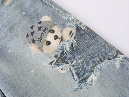3D Plush Bear Peek Hole Denim Shorts Star Print Distressed High Waist Casual Streetwear Baggy Jean Shorts | Peek Bear