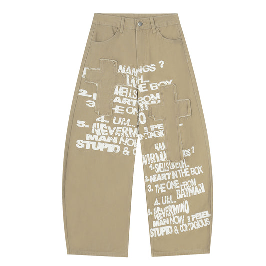 Stupid Contagious Gothic Cross Text Print Wide Leg Pants - Khaki Front