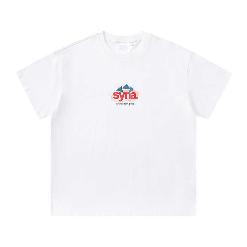 White short sleeve crewneck T-shirt with small red and blue Syna mountain chest graphic - view 9