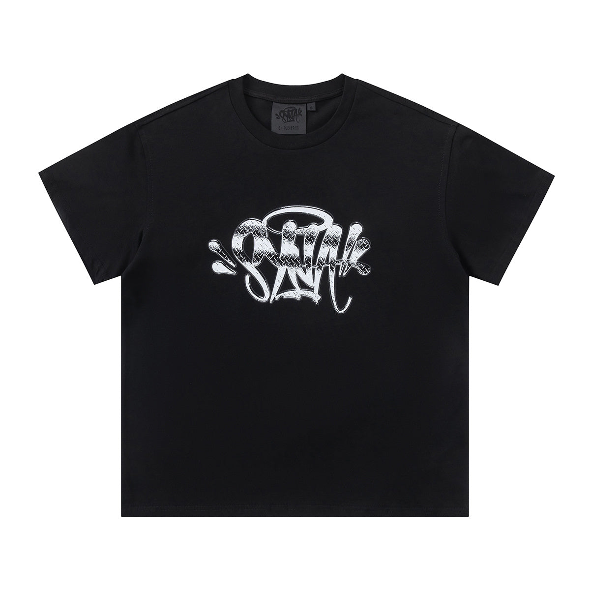 Unisex black short sleeve crew neck T-shirt with contrasting silver graffiti-style front graphic - view 9