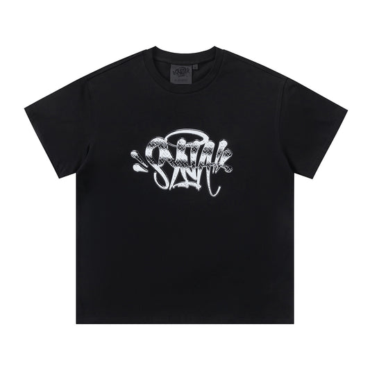 Unisex black short sleeve crew neck T-shirt with contrasting silver graffiti-style front graphic - view 9
