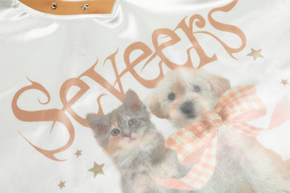 Seveers Cat Dog Print V-Neck Studded Contrast Collar Oversized Tee Short Sleeve Y2K Harajuku