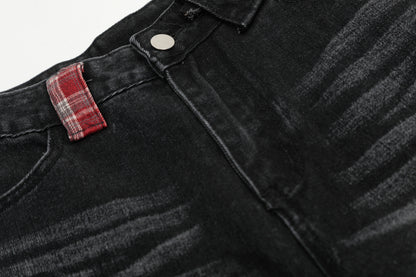 Red Plaid Patch Star Embroidery Wide Leg Jeans Washed Denim Patchwork Baggy Y2K Streetwear