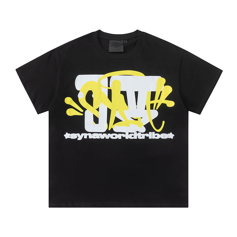 Black short-sleeve crewneck T-shirt with yellow and white graffiti-style graphic print - view 9