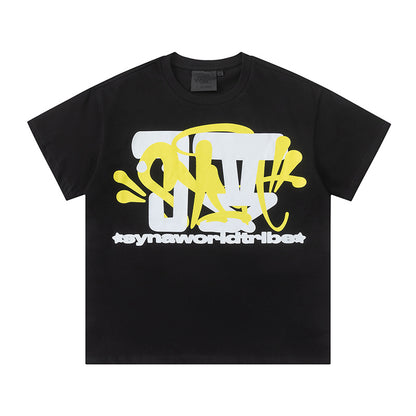 Black T-Shirt With Yellow and White Graffiti Graphic Print, Short Sleeve Crewneck Streetwear Tee