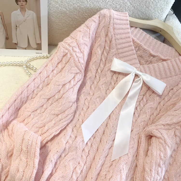 Sanfte milch süß rosa locker V-Ausschnitt faul Wind Twist Pullover Frauen Herbst und Winter verdickte Pullover Oberbekleidung