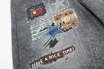 Women's Multi Patch Embroidery Charm Pendant High Waist Washed Denim Shorts Y2K Streetwear Bermuda Jean Shorts