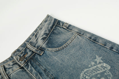 California Script Print Rhinestone Wide Leg Barrel Jeans Vintage Washed High Waist Y2K Streetwear